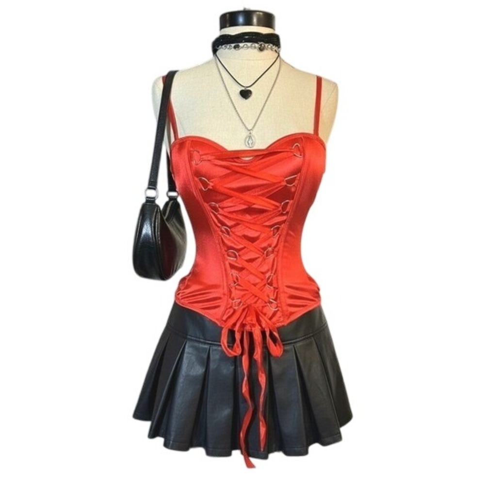 Red Satin Lace Up Corset Top Gothic Bustier Hook Eye Back Adjustable SMALL